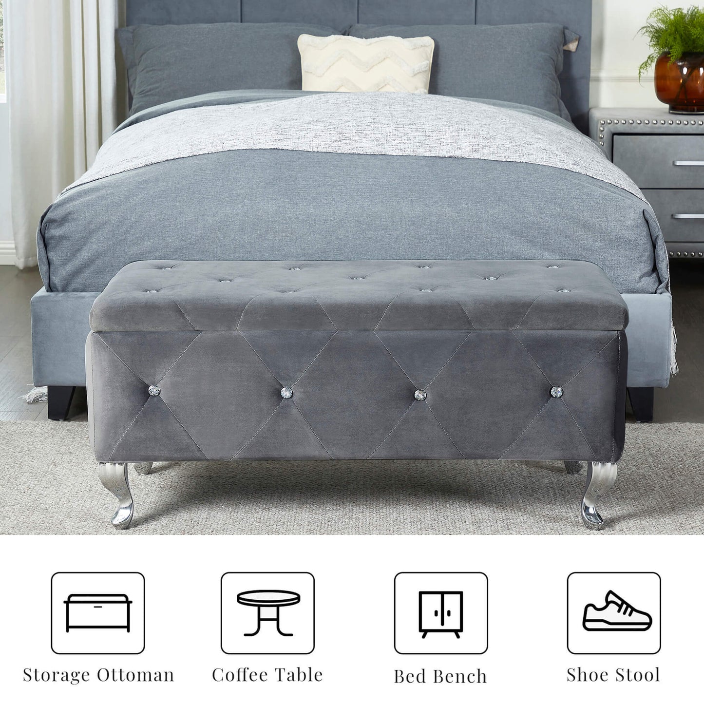 Tufted Storage Ottoman Bench for Bedroom End of Bed Large Upholstered Footrest with Crystal Buttons for Living Room Entryway Grey