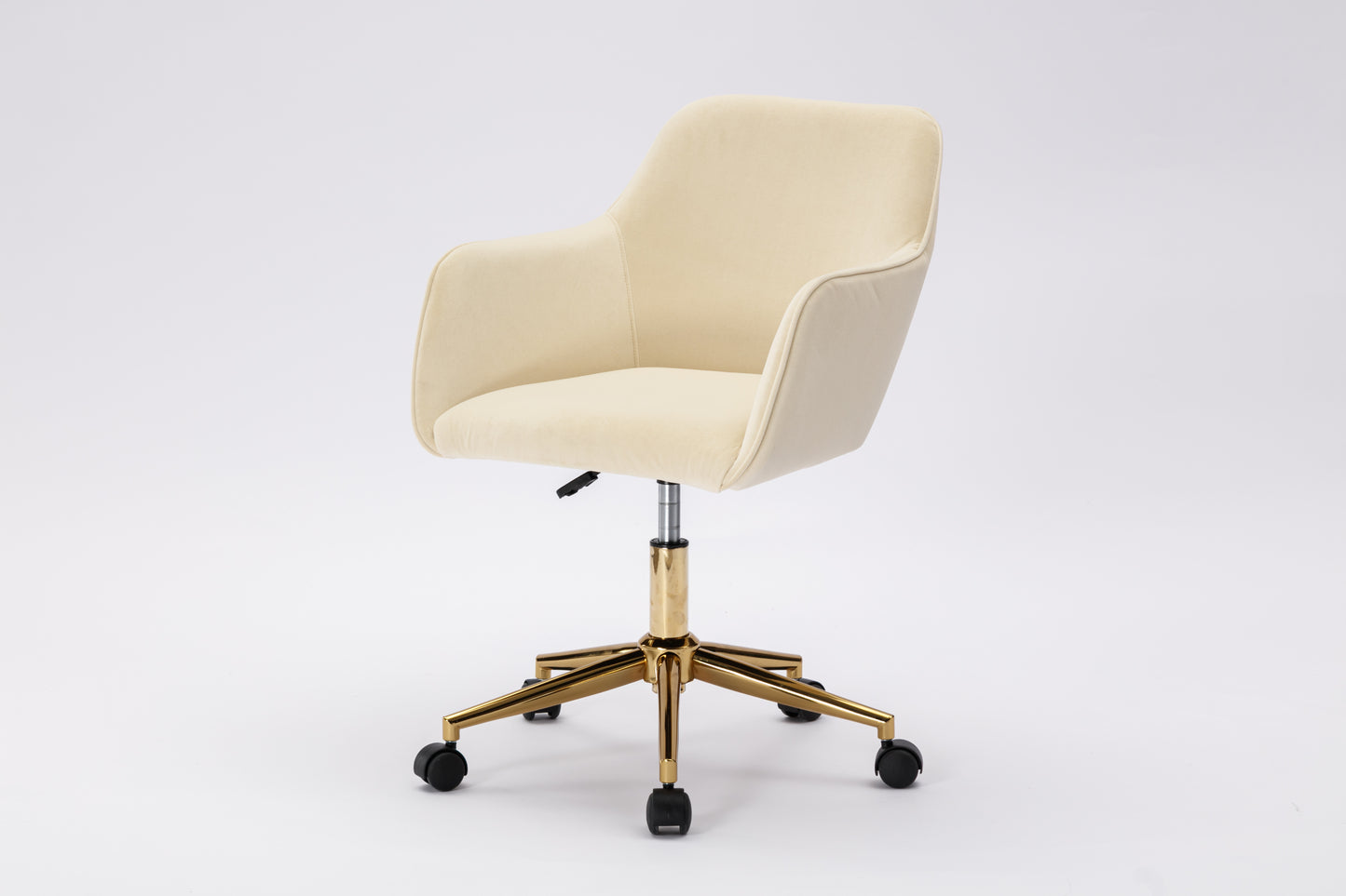 Adjustable Height 360 Revolving Velvet Office Chair with Gold Metal Legs and Universal Wheels Beige