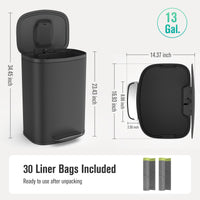 Curved Surface 13 Gallon 50L Kitchen Foot Pedal Soft Close Trash Can Stainless Steel Rectangular Bin with 30 Garbage Bags BLACK