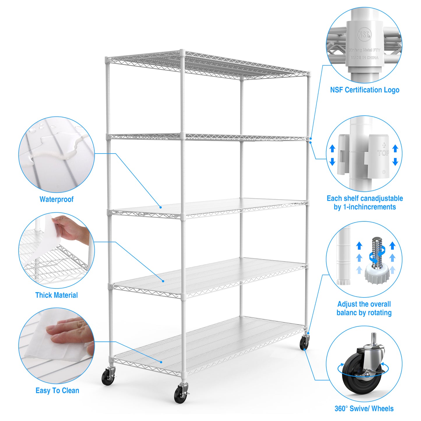 5 Tier Heavy Duty Adjustable Storage Rack Metal Shelf with Wheels Shelf Liners 82H x 60L x 24D White 7500lbs Capacity