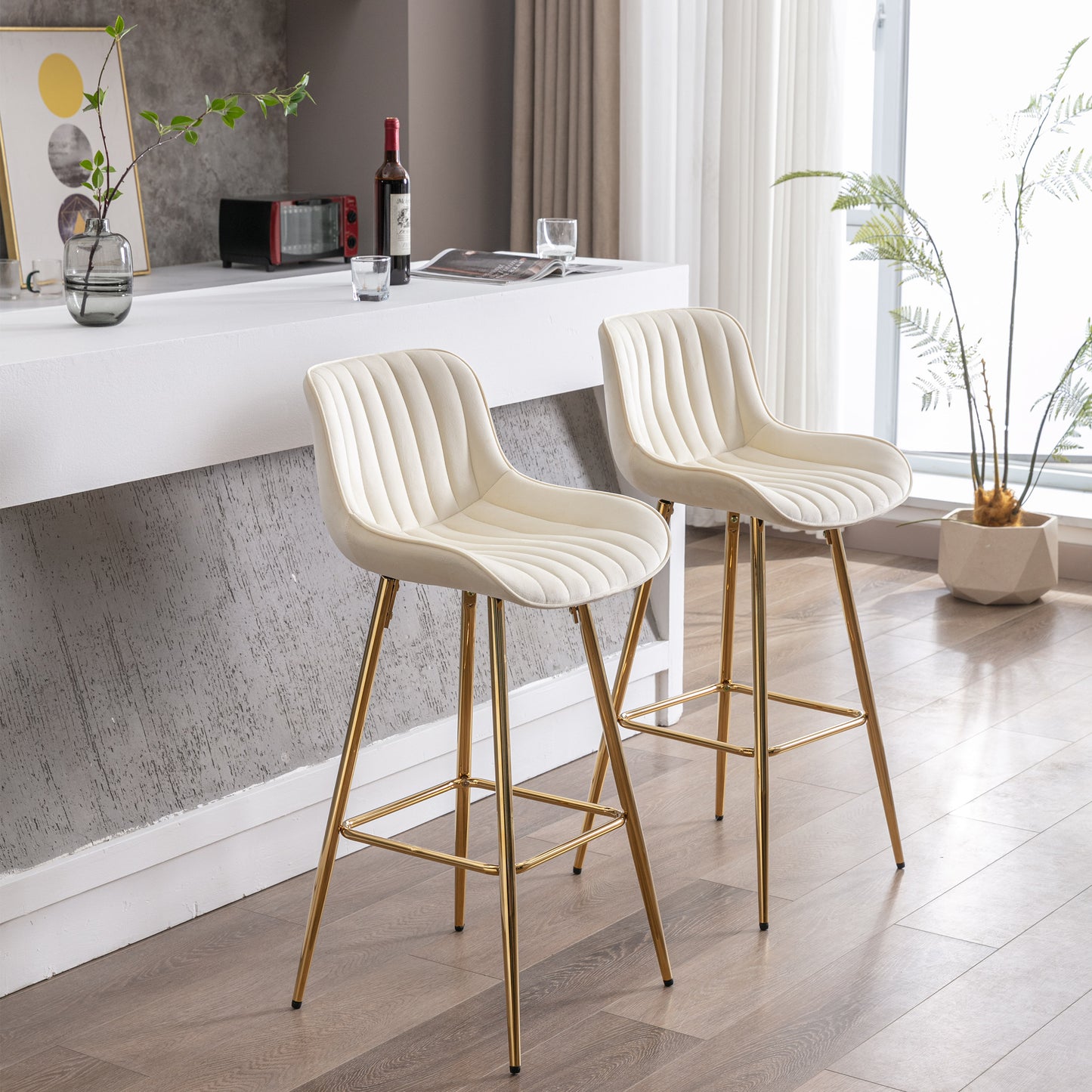 30 Inch Set of 2 Velvet Bar Stools with Chrome Footrest Golden Legs Simple High Counter Stool Cream