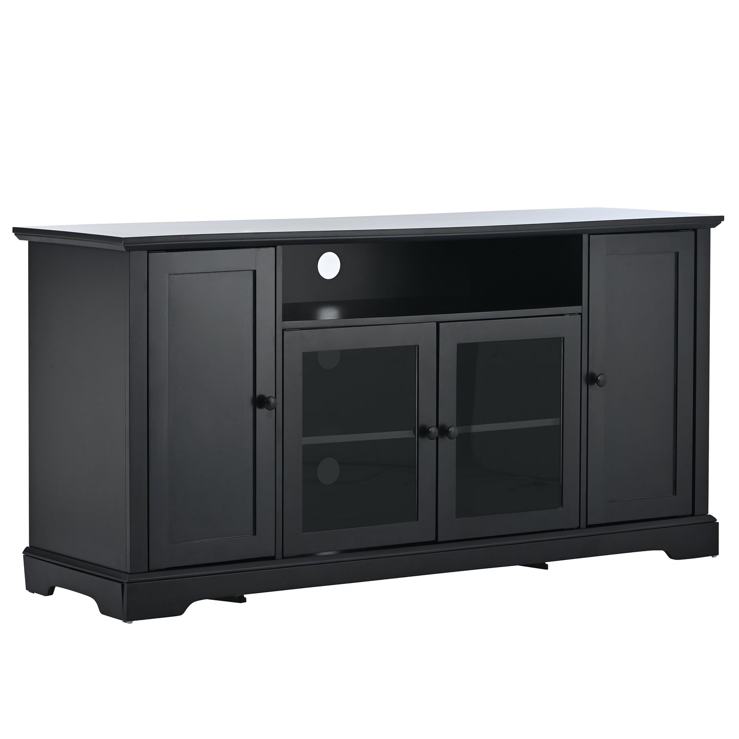 TV Stand for 65 Inch TV with Adjustable Panels and 2 Tempered Glass Doors Open Style Cabinet Sideboard for Living Room Black