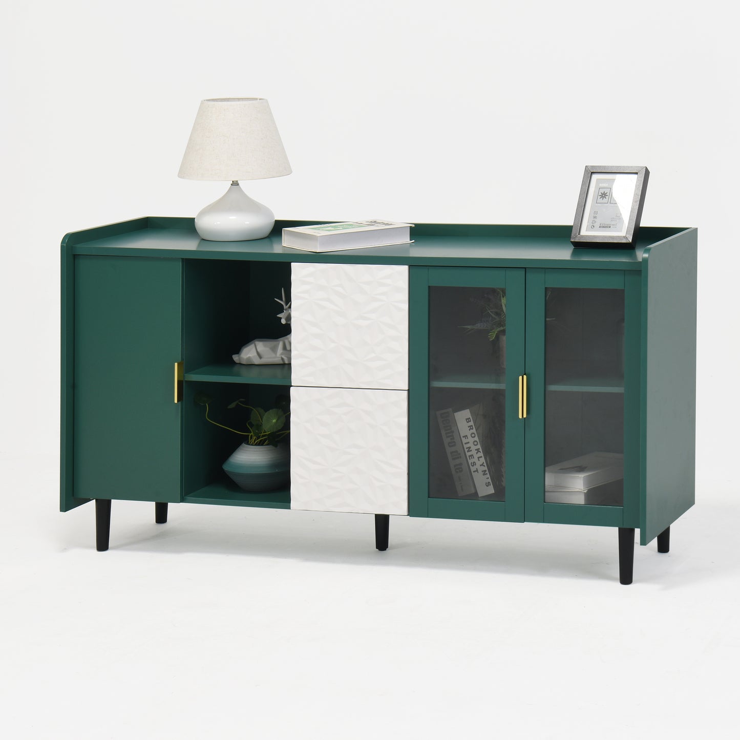 Modern 55 Coffee Bar Storage Cabinet with 2 Drawers and Glass Doors for Kitchen and Living Room Green