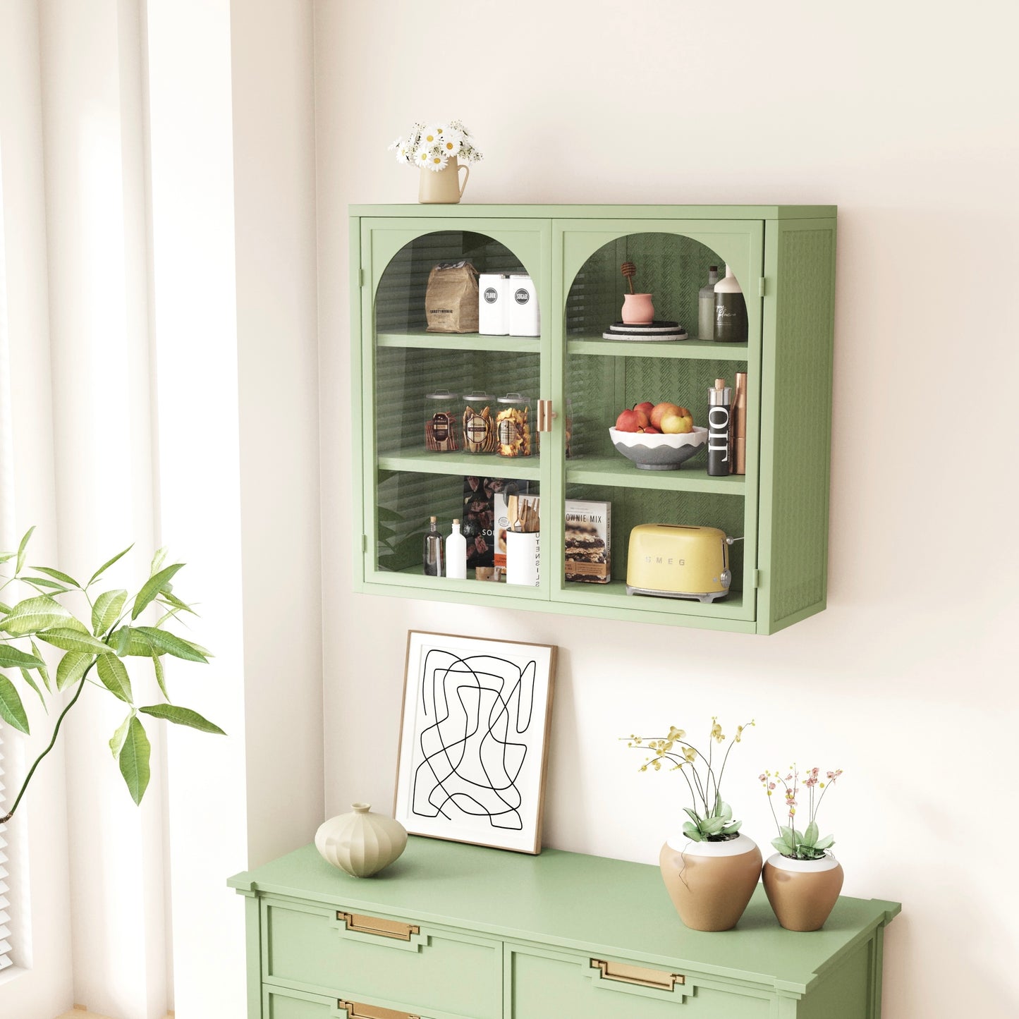 Modern Two-Door Wall Cabinet with Three-Tier Storage for Entryway Living Room Bathroom Dining Room Green Woven Pattern Design