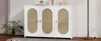 Retro 3-Door Accent Cabinet with Rattan Doors and Metal Handles for Living Room and Hallway Storage White