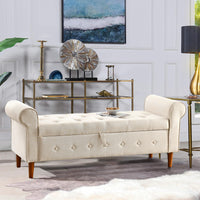 62 Inch Tufted Button Storage Bench Modern Fabric Ottoman Rolled Arm Design for Bedroom Living Room Foyer Beige