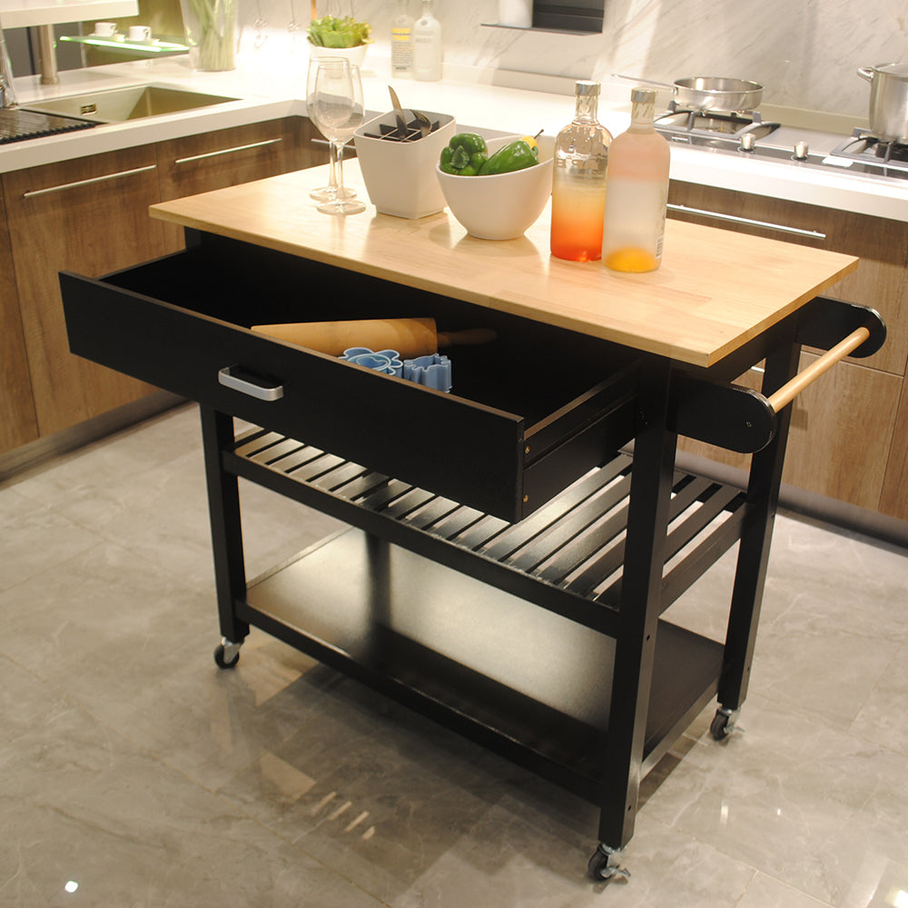 Mobile Kitchen Island Cart with Lockable Wheels Rubber Wood Top Black Design Perfect for Entertaining