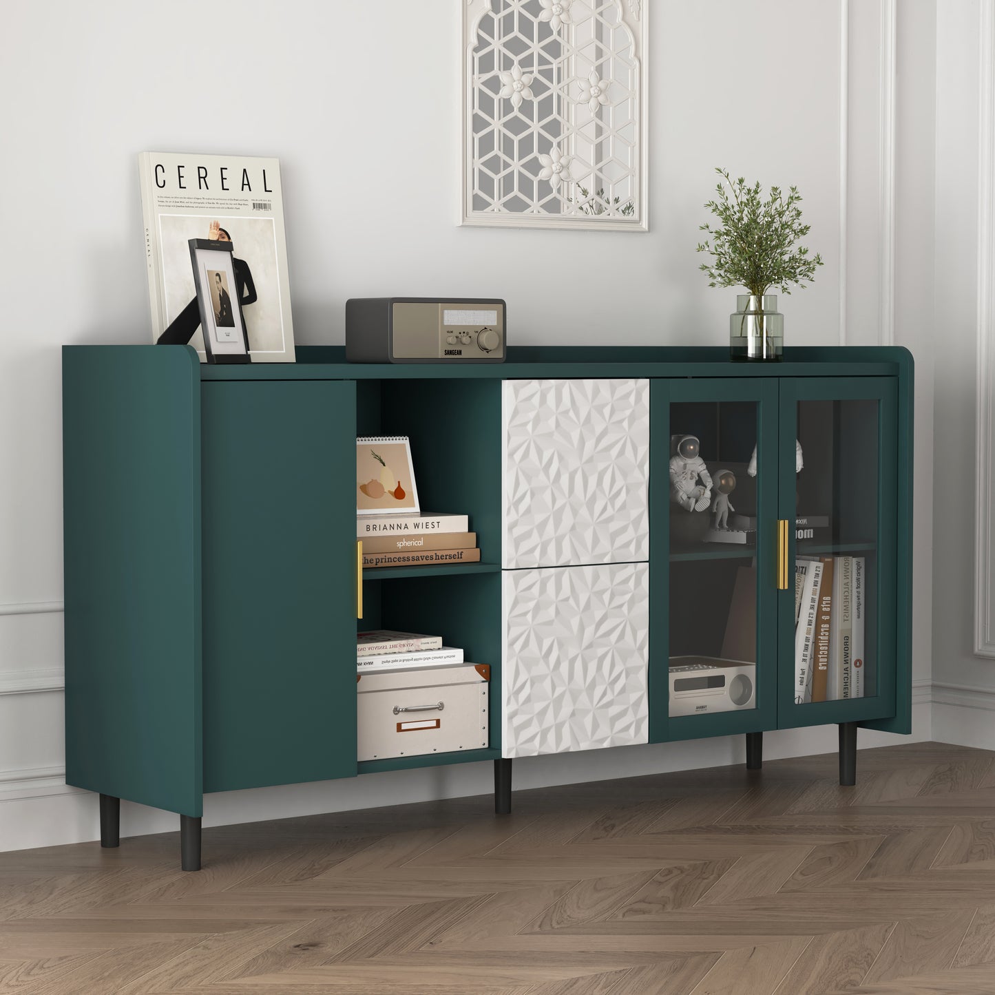 Modern 55 Coffee Bar Storage Cabinet with 2 Drawers and Glass Doors for Kitchen and Living Room Green