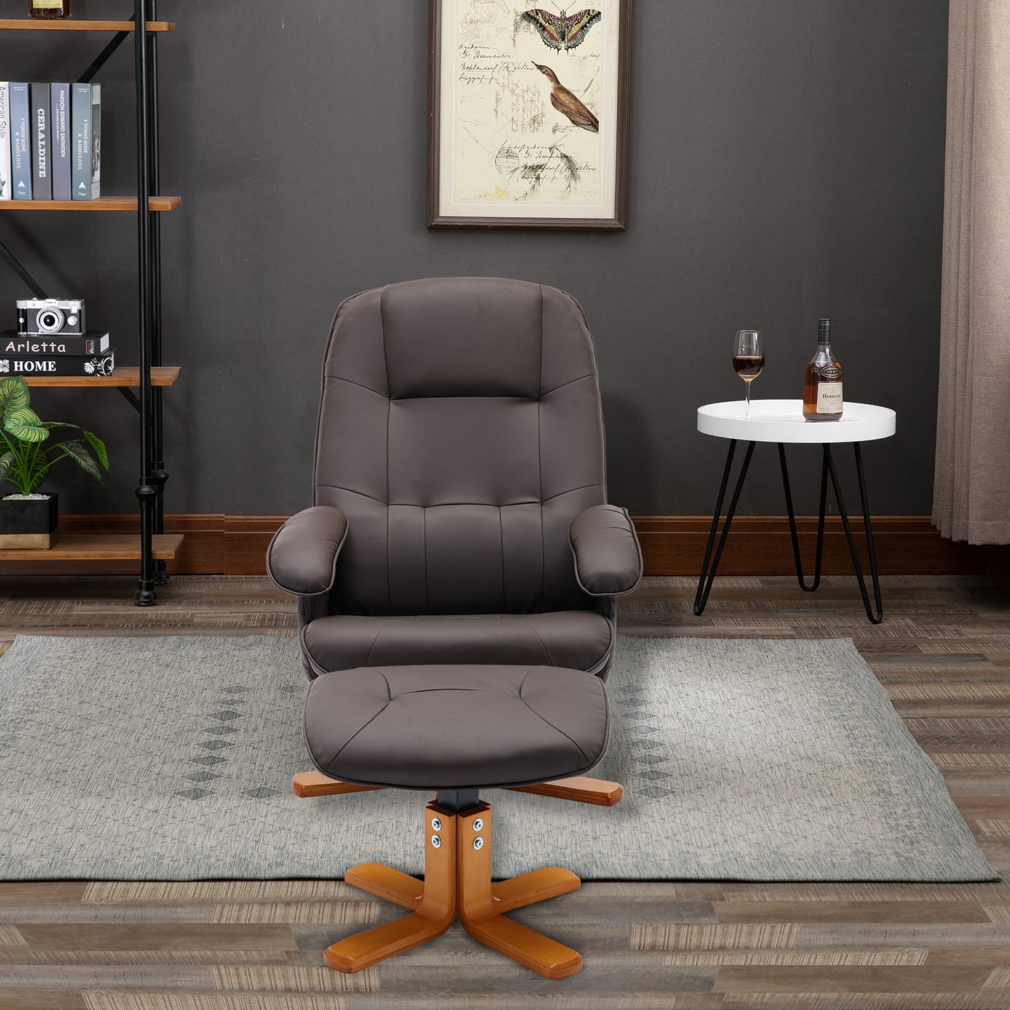 Swivel Recliner Chair with Ottoman Faux Leather Beige Brown Wood Base for Living Room Bedroom