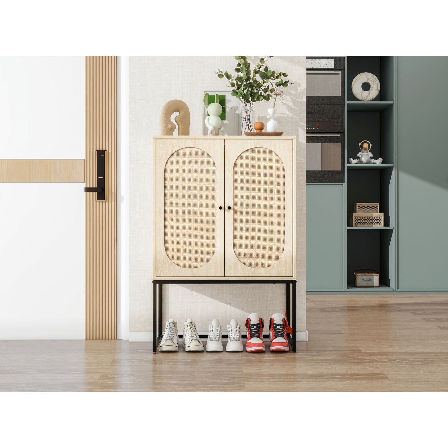 2 Door High Cabinet with Rattan Design, Built-in Adjustable Shelf, Easy Assembly, Free Standing Storage for Living Room or Bedroom