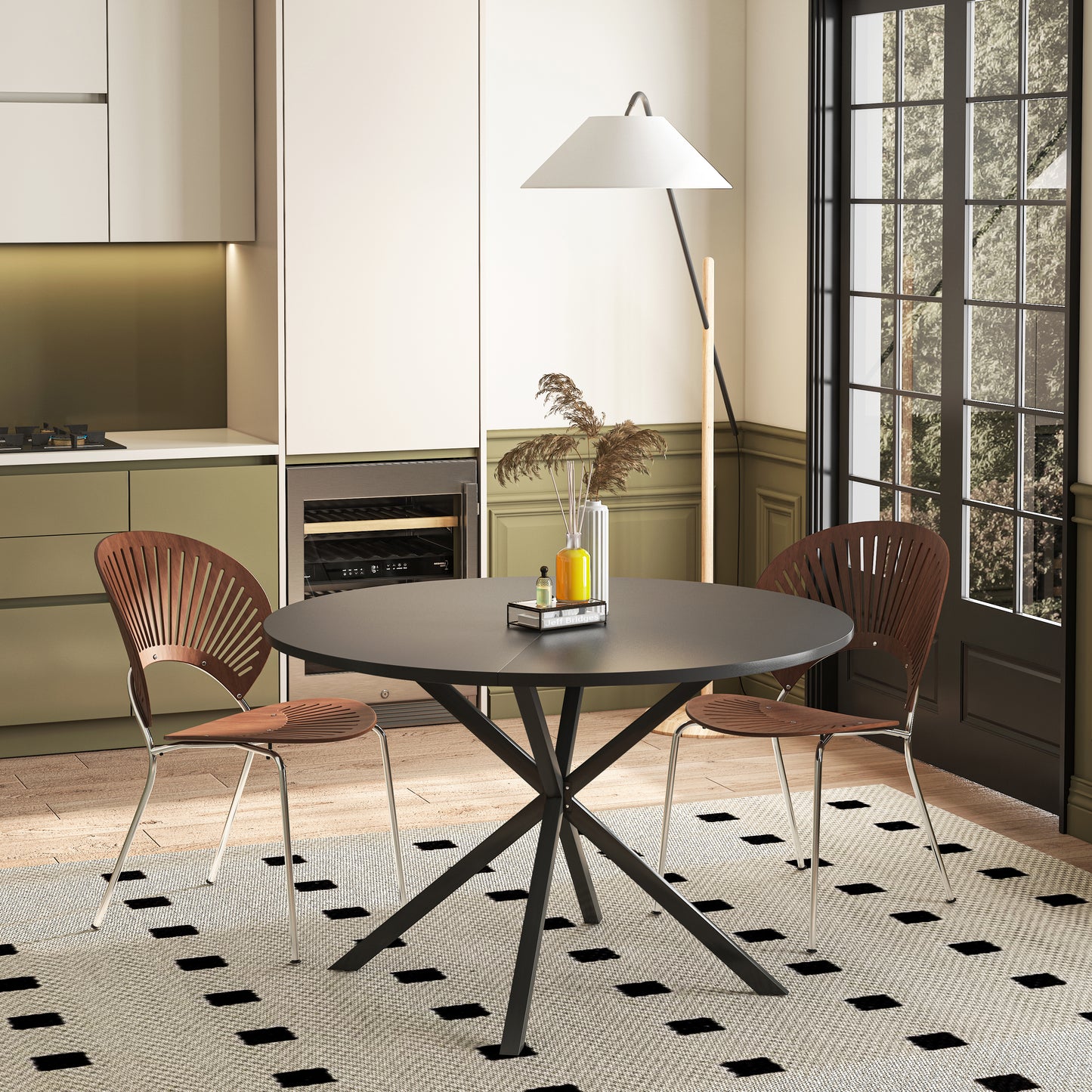 47.24'' Modern Cross Leg Round Dining Table, Black Top Occasional Table, Two Piece Removable Top, Matte Finish Iron Legs