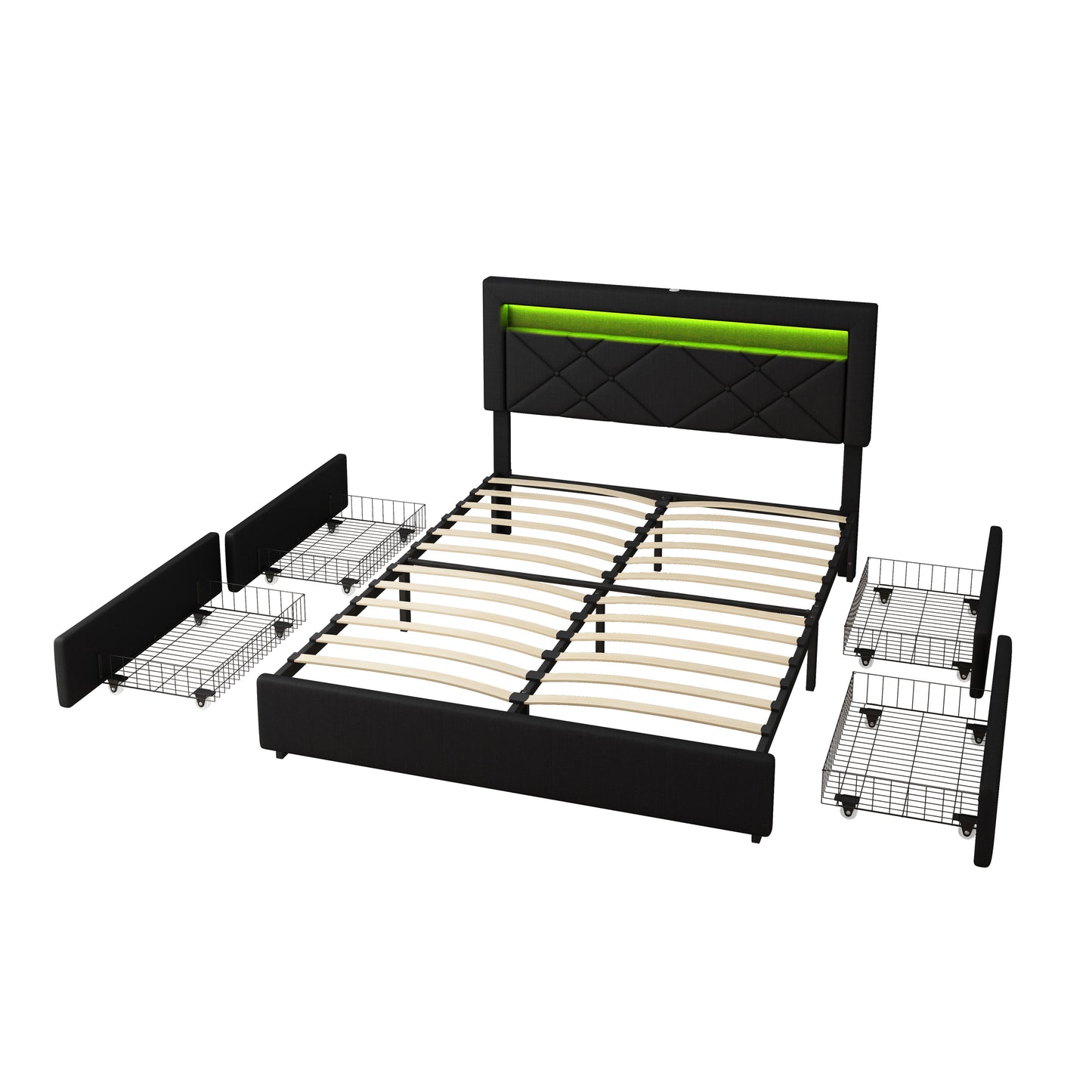 Black Queen Size Bed Frame with LED Lights USB Charging Station and Storage Drawers