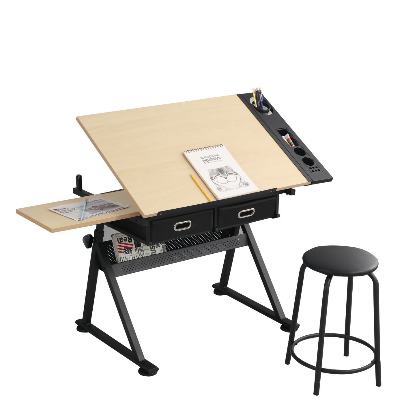 Adjustable Drawing Drafting Table Desk with 2 Drawers for Home Office and School with Stool Wood