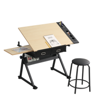 Adjustable Drawing Drafting Table Desk with 2 Drawers for Home Office and School with Stool Wood