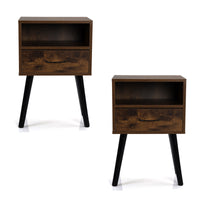 Mid Century Nightstand Set of 2 Rustic Brown Side Tables with Drawer and Shelf for Living Room Bedroom