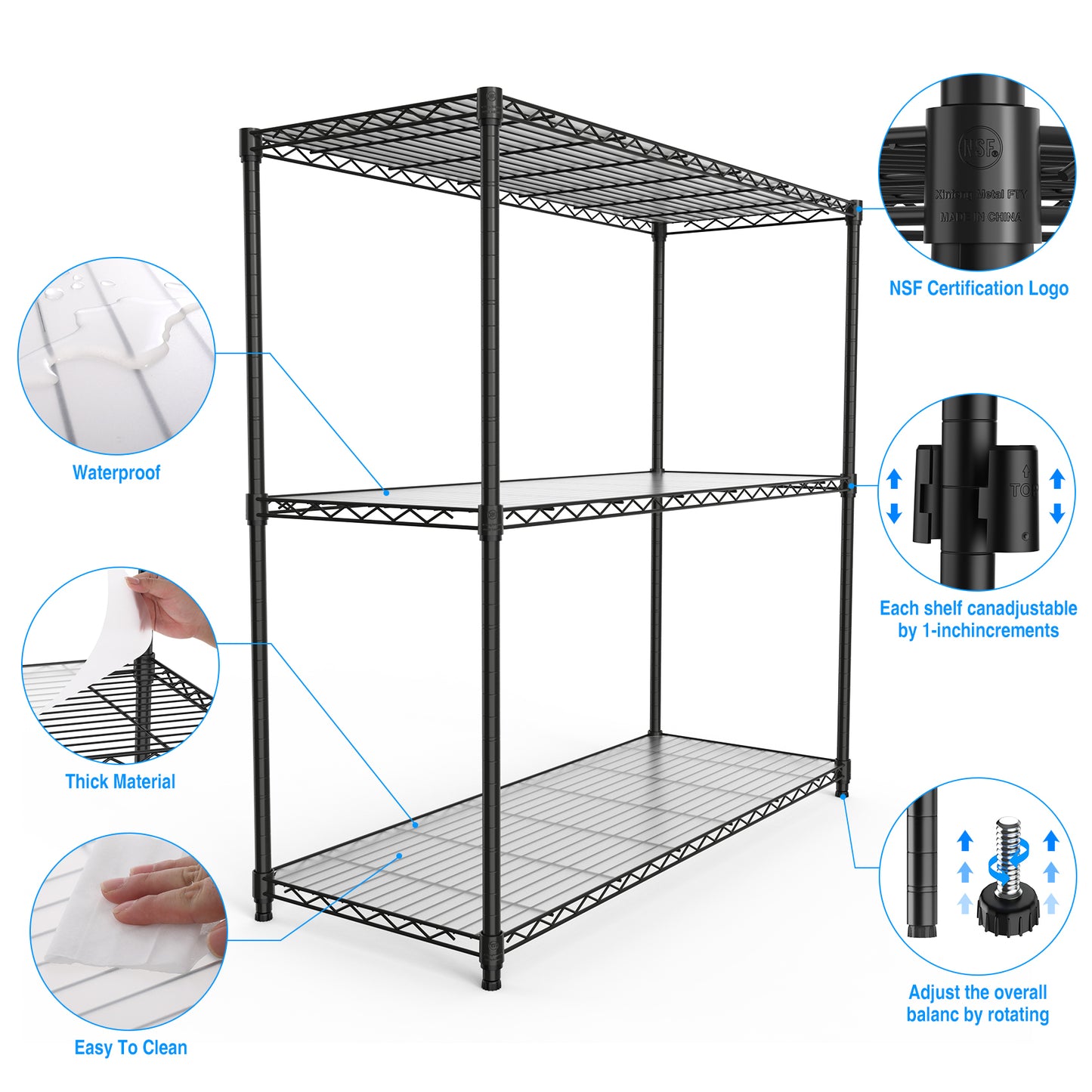 3 Tier Heavy Duty Wire Shelving Unit 1050 LBS Capacity Adjustable Metal Garage Storage Rack Black