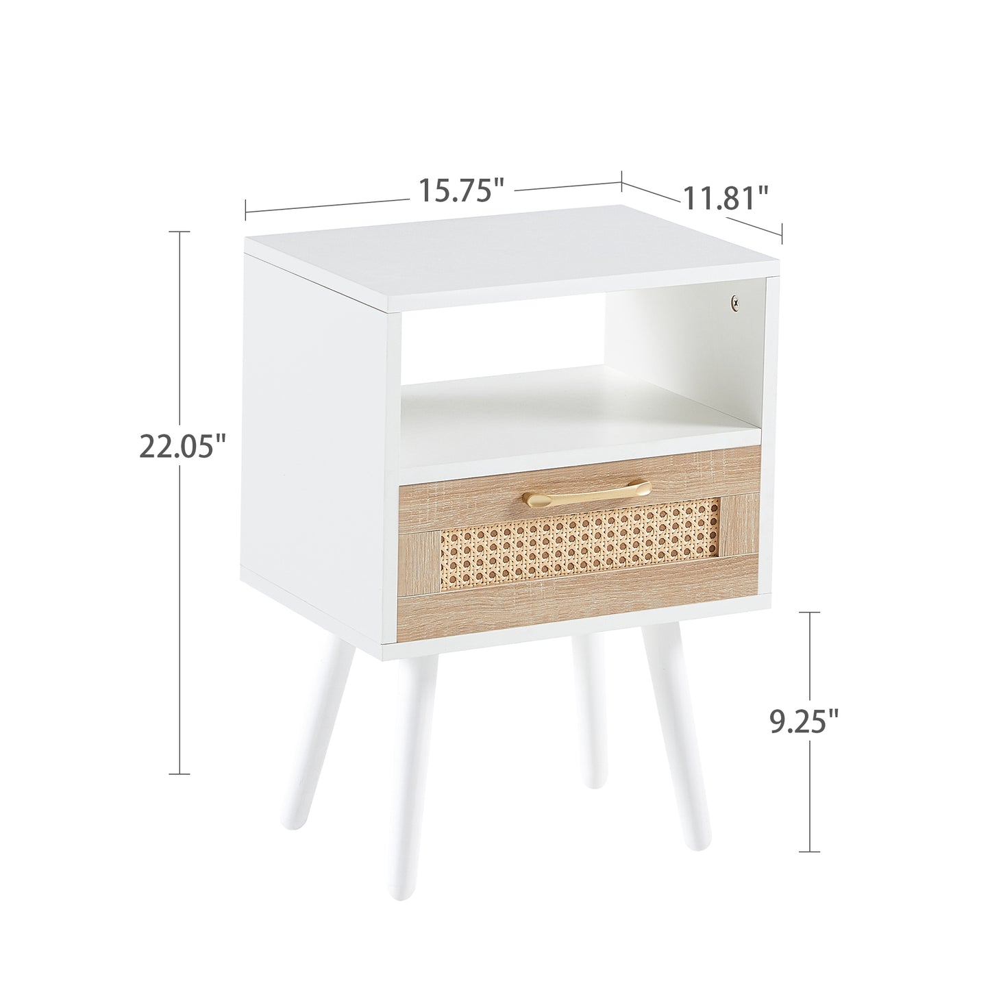 15.75 Inch Rattan End Table with Drawer Solid Wood Legs Modern Nightstand Side Table for Living Room Bedroom White