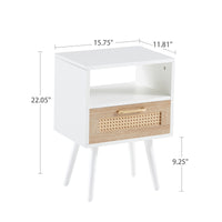 15.75 Inch Rattan End Table with Drawer Solid Wood Legs Modern Nightstand Side Table for Living Room Bedroom White