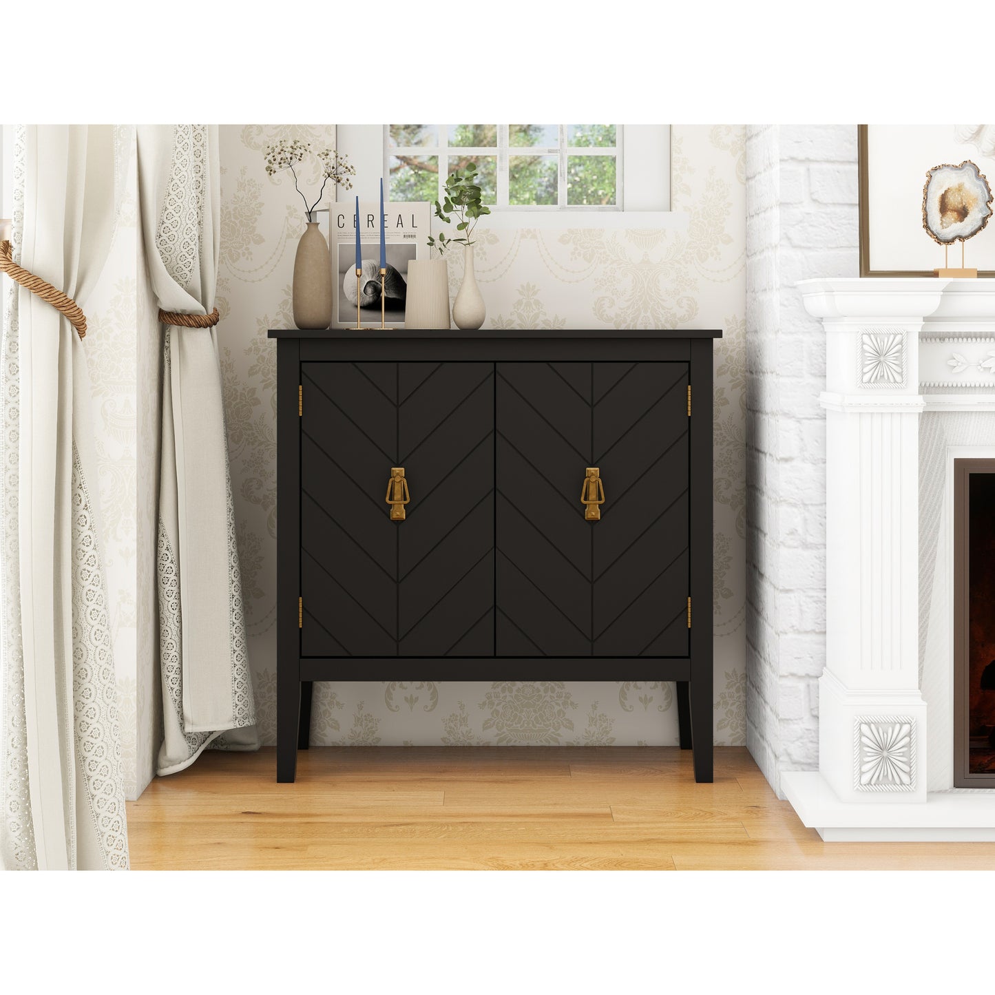 2 Door Wooden Cabinets - Vintage Black Wood Sideboard for Living Room, Dining Room, Office Storage Console Furniture