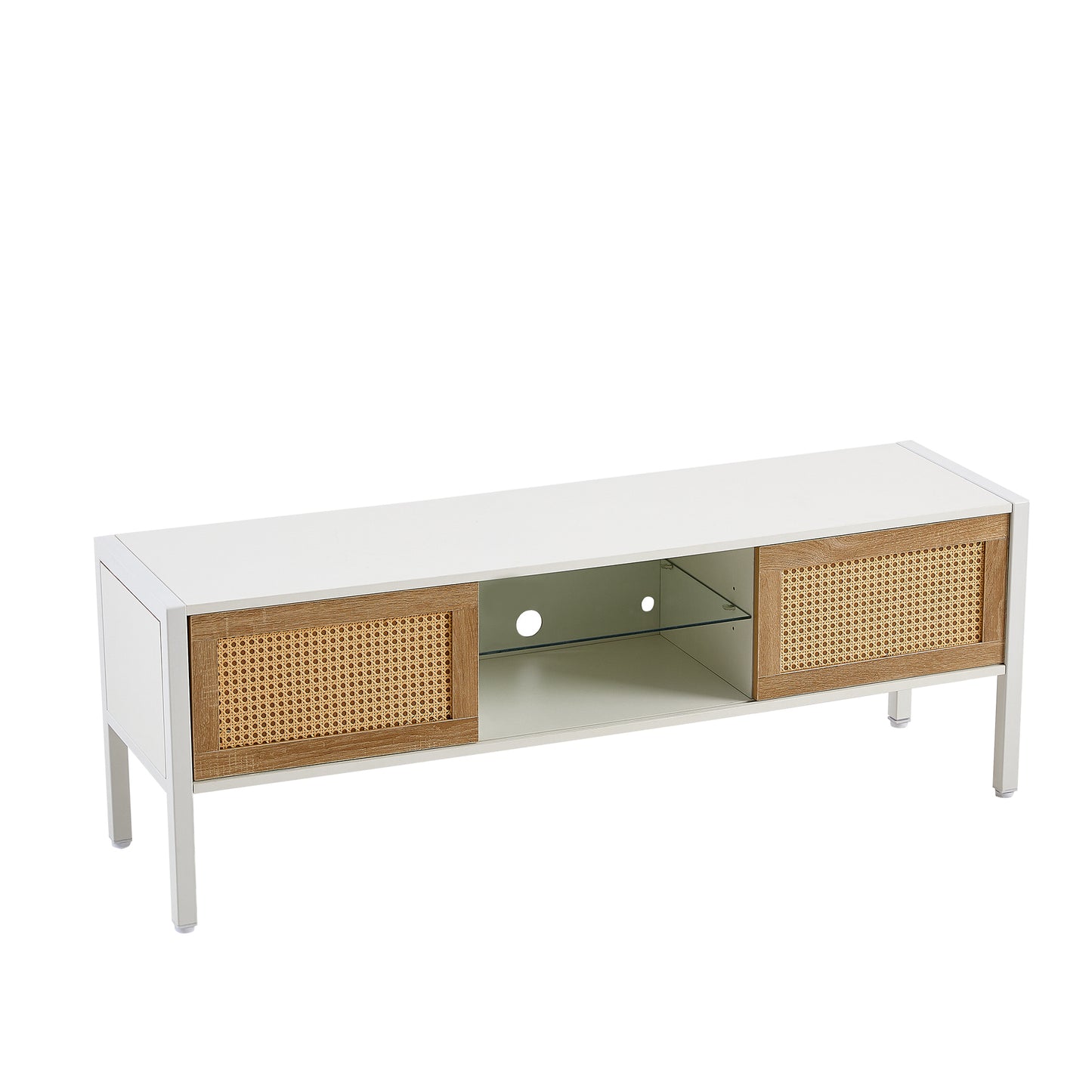 Rattan TV Cabinet with Color Changing Light Strip Double Sliding Doors Adjustable Shelf Metal Legs for Living Room White