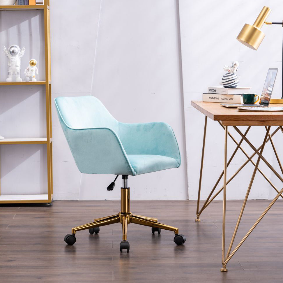 Modern Velvet Adjustable Height 360 Revolving Home Office Chair Aqua Light Blue Gold Metal Legs Universal Wheels