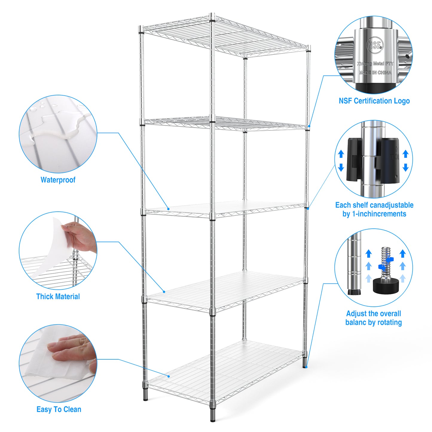 5 Tier Heavy Duty Wire Shelving Unit 72 Inch Height Adjustable Storage Rack for Kitchen Garage or Office