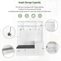 Elegant Hall Tree with Storage Bench and Cushion Modern Coat Rack with Hooks for Entryways White