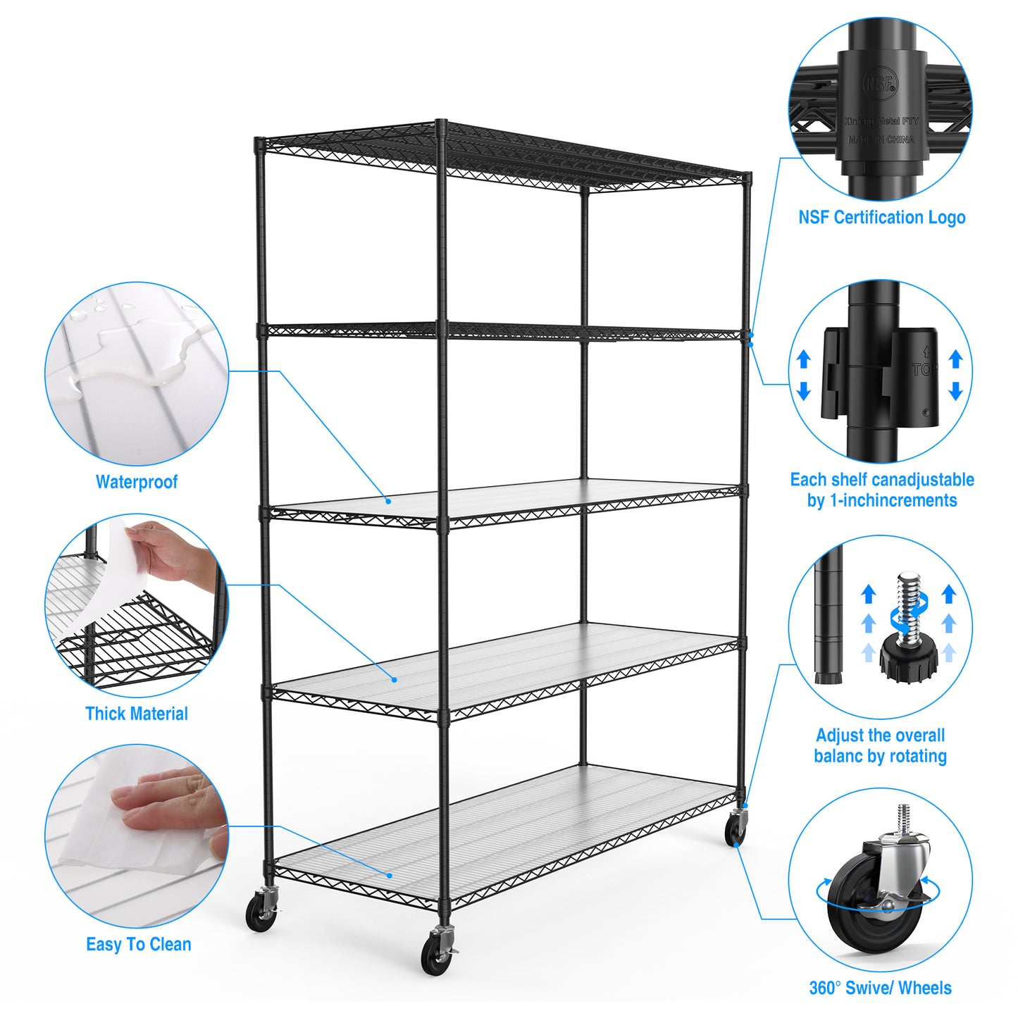 Heavy Duty Adjustable Storage Rack 7500lbs Metal Shelf Wire Shelving Unit with Wheels and Shelf Liners 82H x 60L x 24D Black