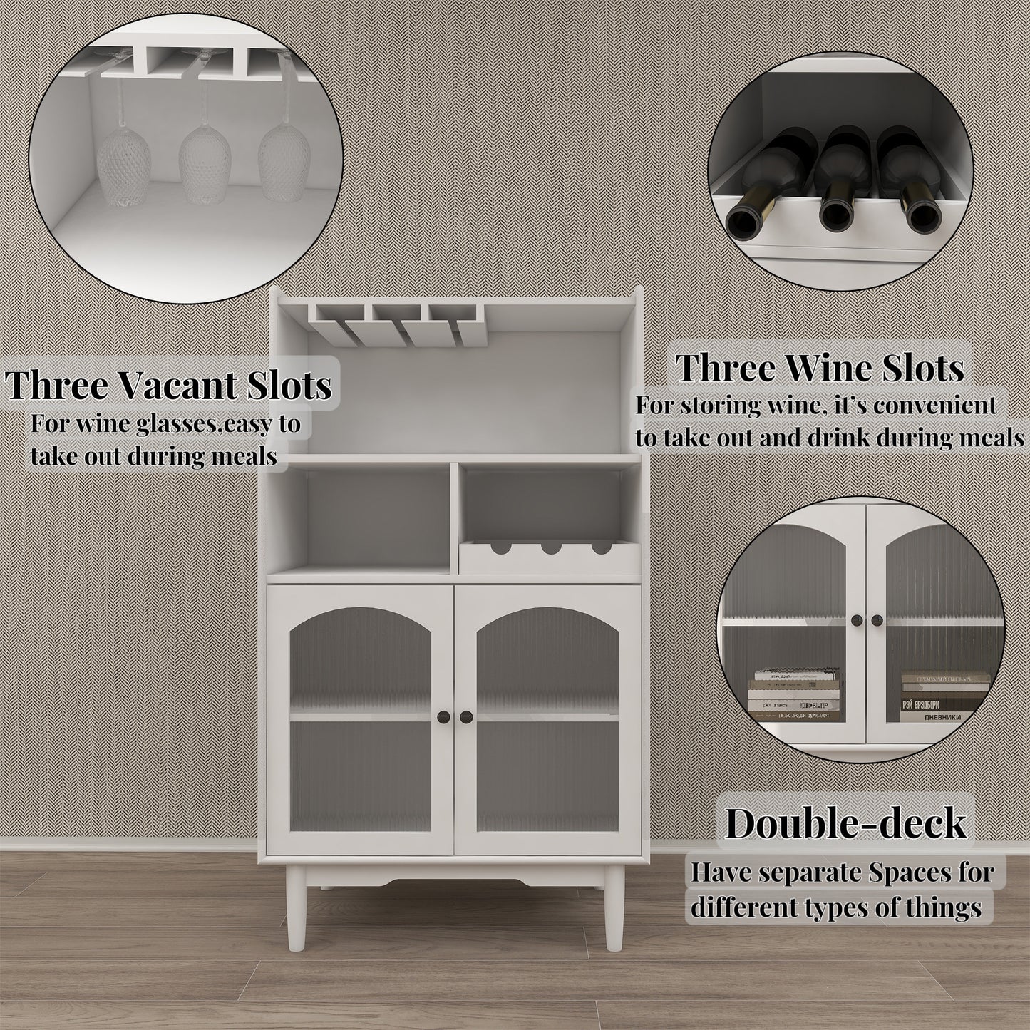 Living Room White Wine Cabinet with Removable Wine Rack and Glass Door Storage for Wine Glasses