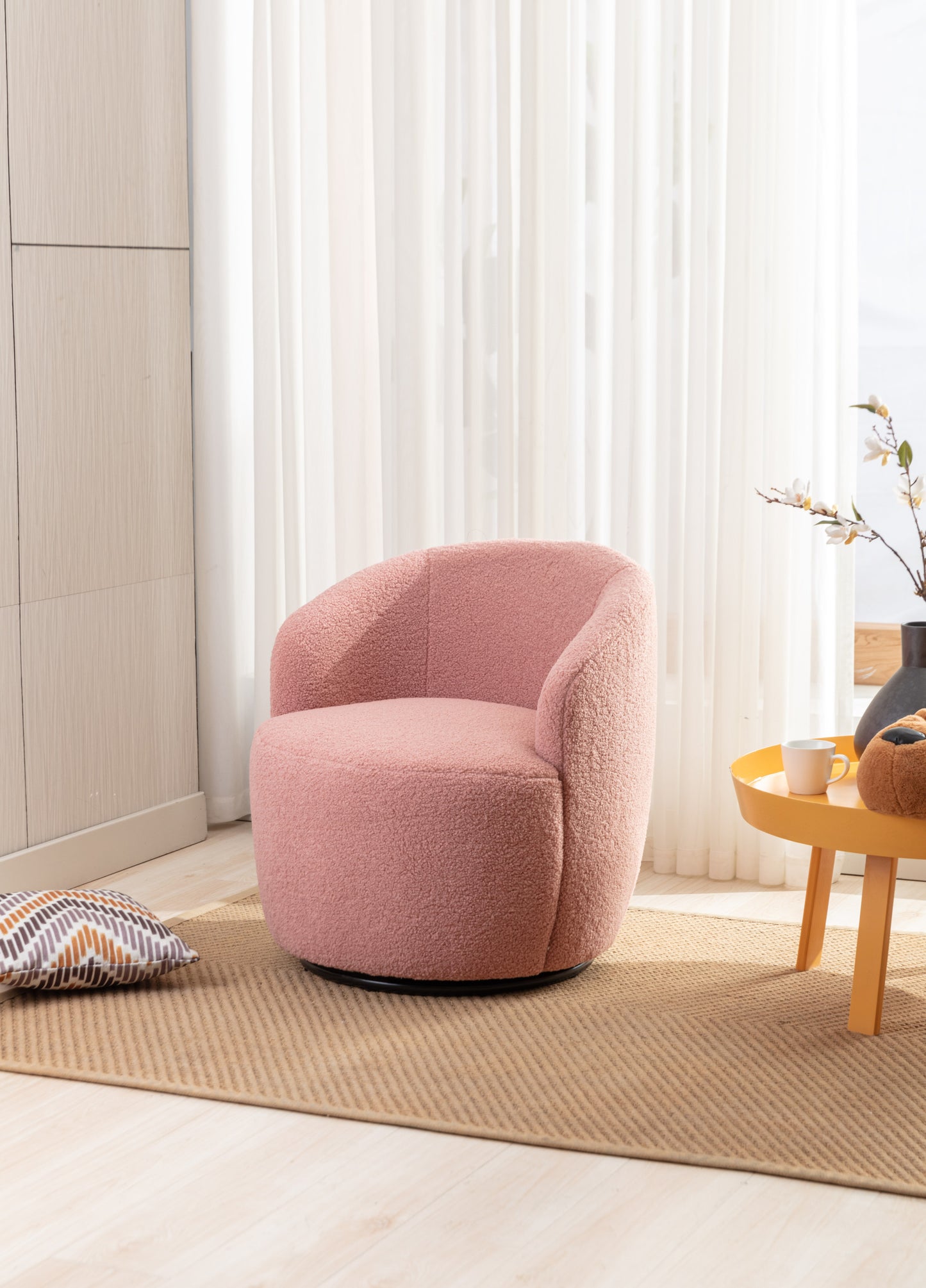 Light Pink Swivel Accent Armchair Barrel Chair with Black Powder Coated Metal Ring for Living Room or Office