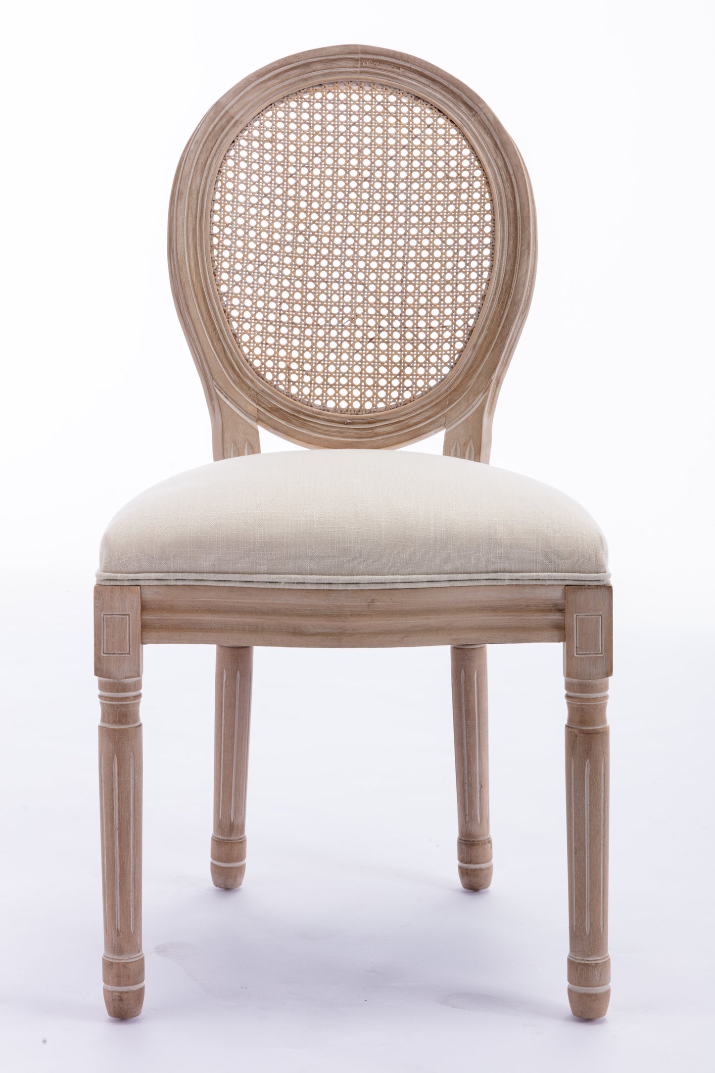 French Style Solid Wood Frame Antique Painting Linen Fabric Rattan Back Dining Chair,Set of 2,Cream