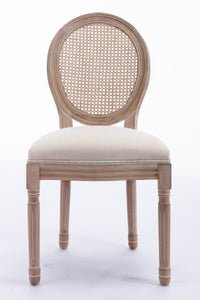 French Style Solid Wood Frame Antique Painting Linen Fabric Rattan Back Dining Chair,Set of 2,Cream