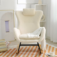 Beige Teddy Upholstered Rocker Glider Chair with Adjustable Headrest for Nursery Bedroom Living Room Office