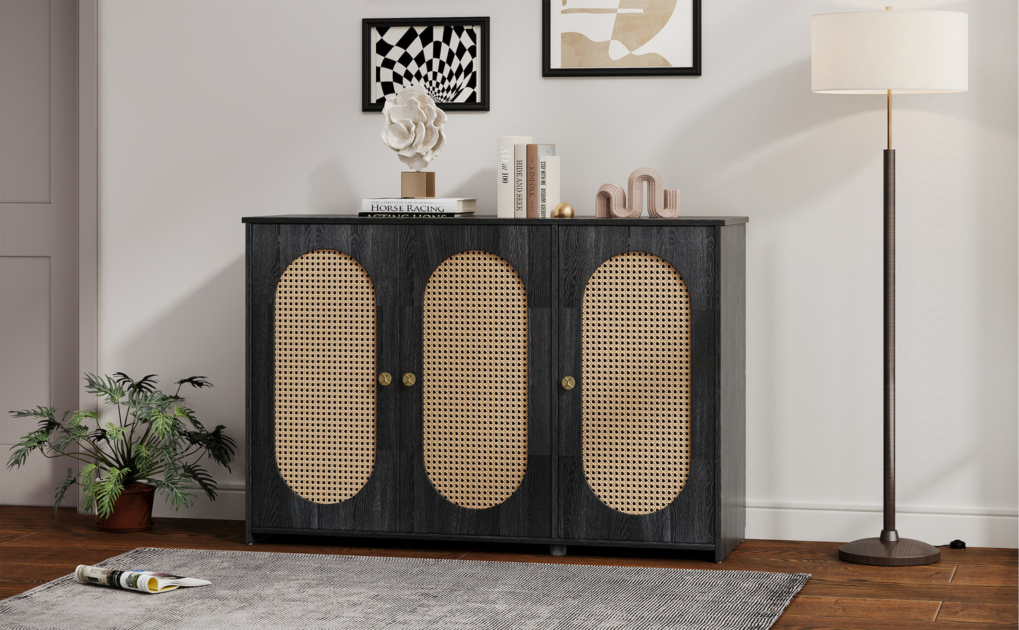 Retro 3-Door Accent Cabinet with Rattan Doors and Metal Handles for Living Room and Hallway Antique Black