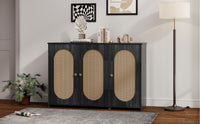Retro 3-Door Accent Cabinet with Rattan Doors and Metal Handles for Living Room and Hallway Antique Black