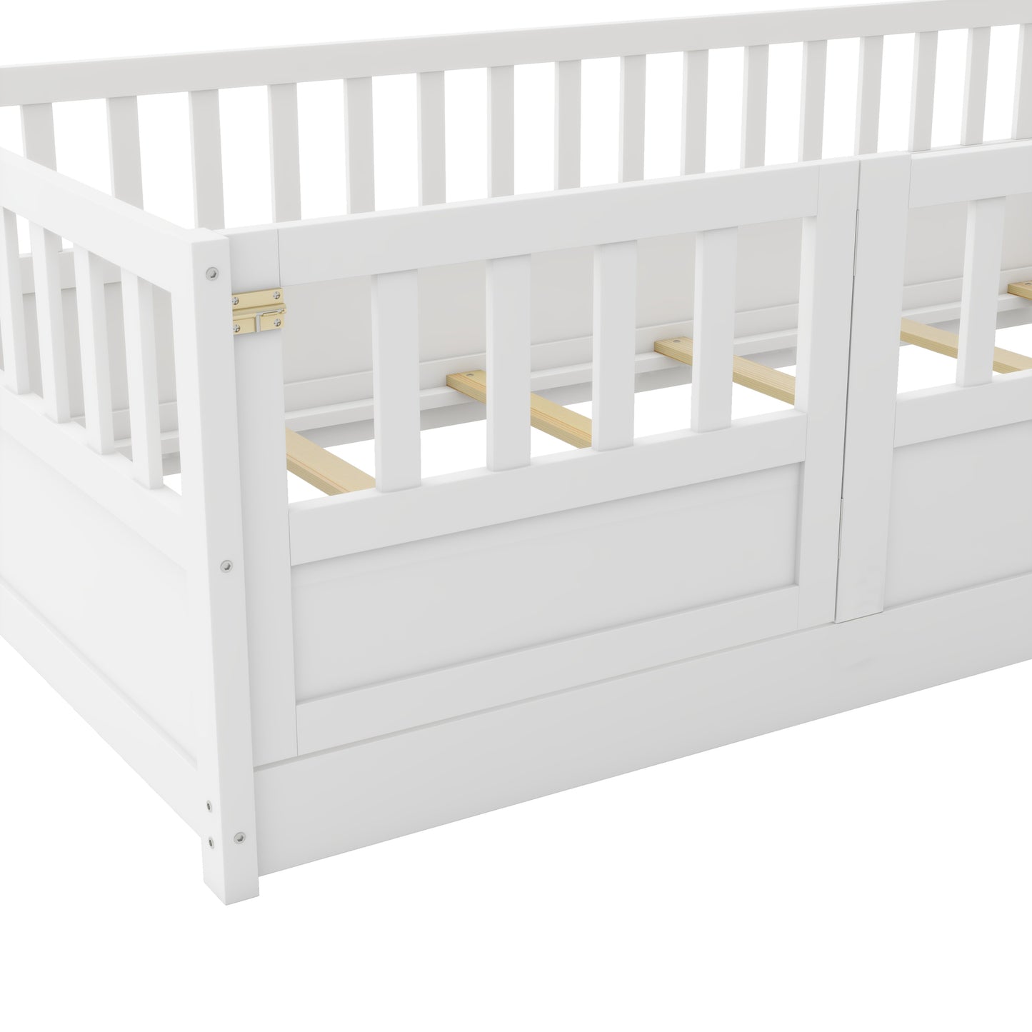 Montessori Twin Size Floor Bed with High Security Barrier and Door for Kids