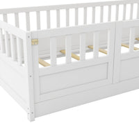 Montessori Twin Size Floor Bed with High Security Barrier and Door for Kids