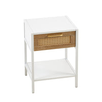 15.74 Inch Rattan End Table with Drawer Modern Nightstand Metal Legs Side Table for Living Room Bedroom White