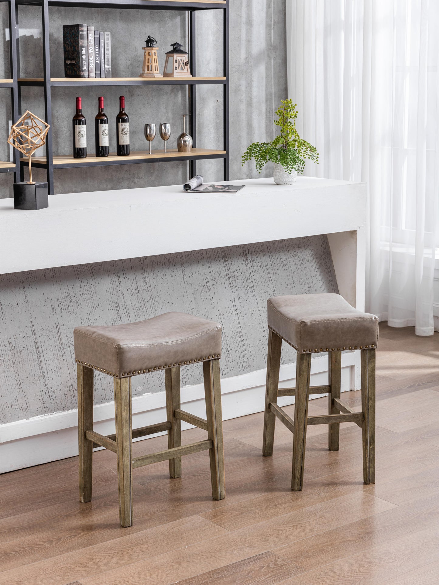 Counter Height 26" Bar Stools for Kitchen Counter Backless  Faux Leather Stools Farmhouse Island Chairs (26 Inch, Gray, Set of 2)