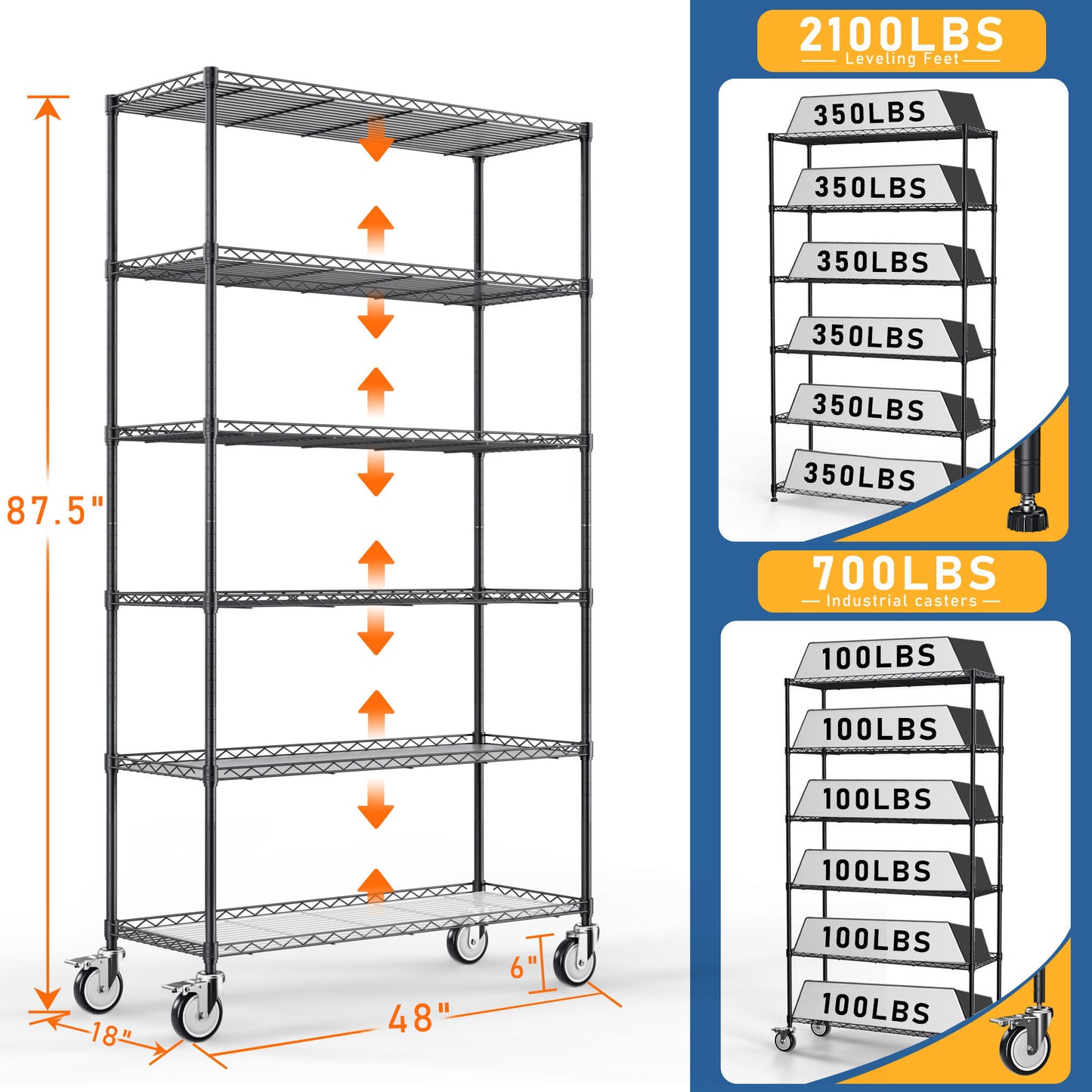 6 Tier Wire Shelving Unit Heavy Duty Storage Rack Adjustable Shelves for Kitchen Garage Office Organization