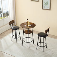 Three-Piece Round Dining Table Set with Storage Small Bar Table and Two Upholstered Chairs for Restaurants Cafes Bars