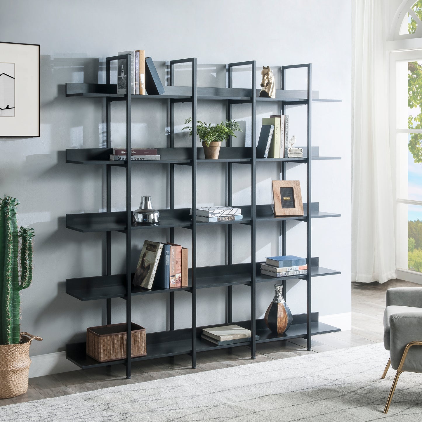 5 Tier Bookcase Home Office Open Bookshelf, Vintage Industrial Style Shelf With Metal Frame, MDF Board