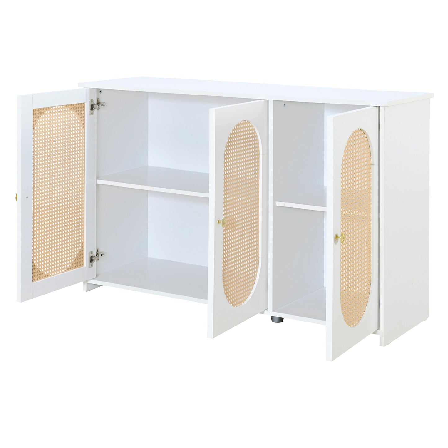 Retro 3-Door Accent Cabinet with Rattan Doors and Metal Handles for Living Room and Hallway Storage White