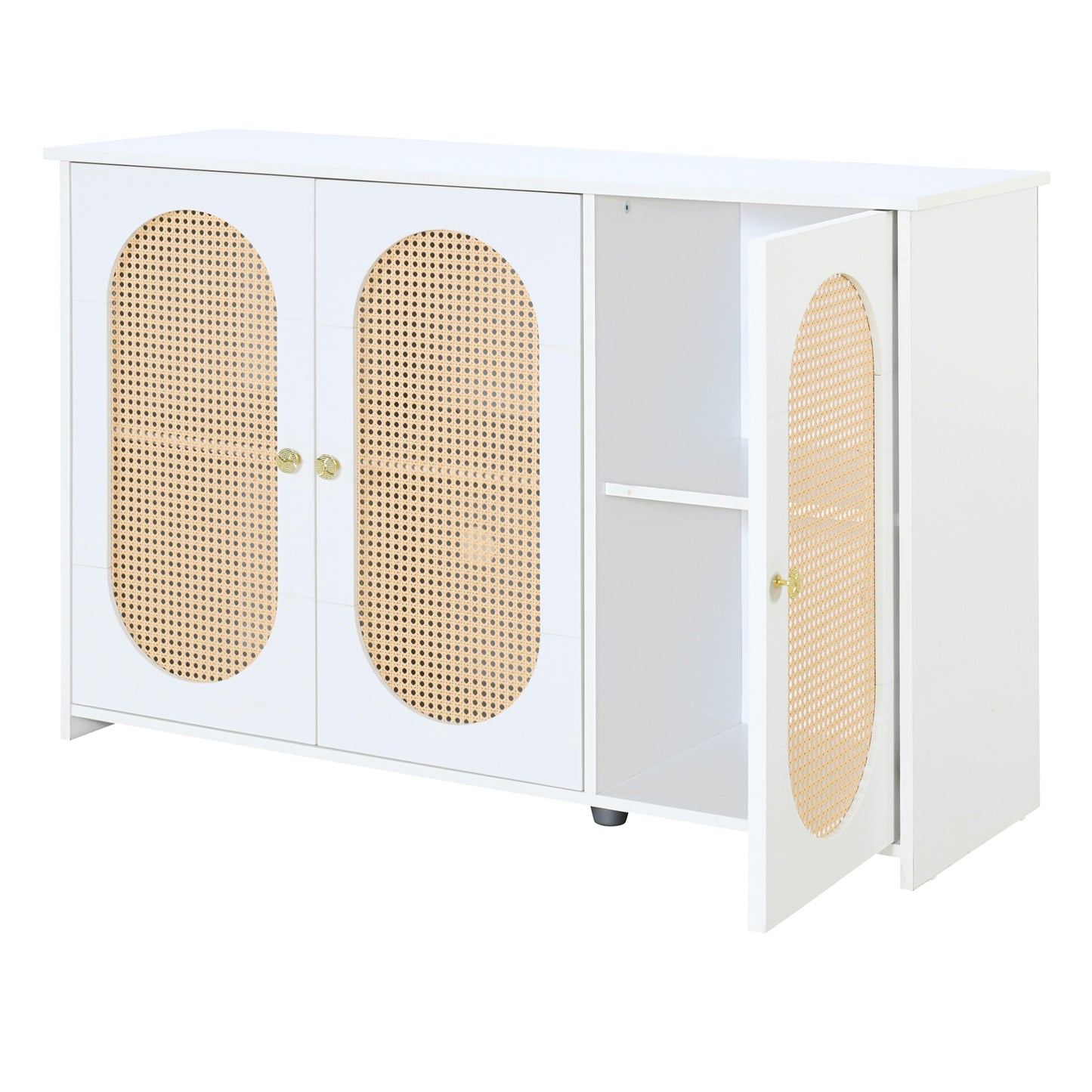 Retro 3-Door Accent Cabinet with Rattan Doors and Metal Handles for Living Room and Hallway Storage White