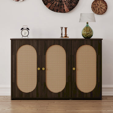 Retro 3-Door Accent Cabinet with Rattan Doors and Metal Handles for Living Room and Hallway Storage Brown