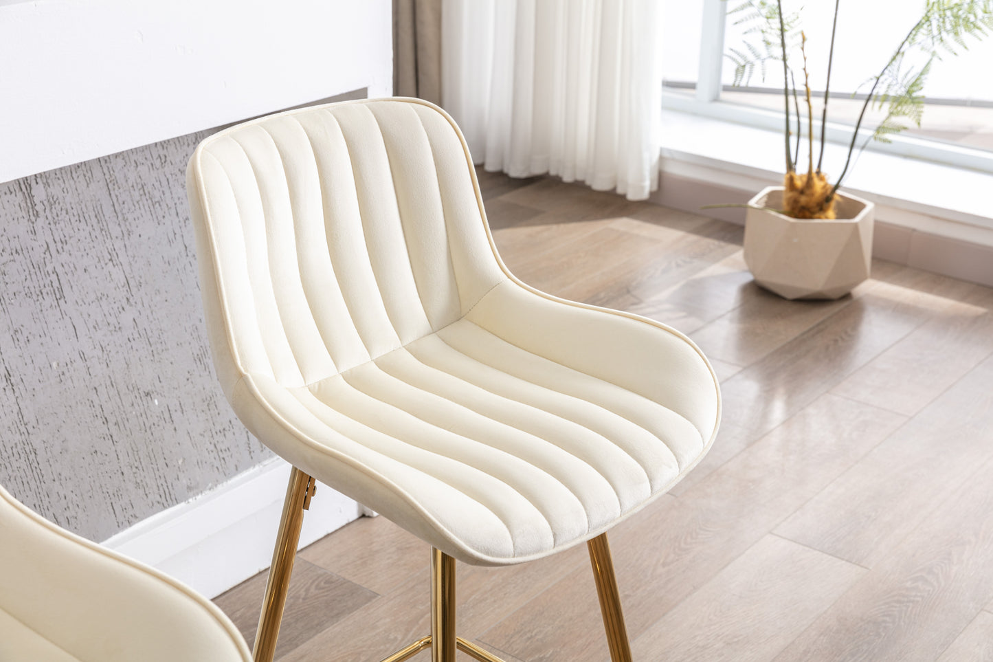 30 Inch Set of 2 Velvet Bar Stools with Chrome Footrest Golden Legs Simple High Counter Stool Cream