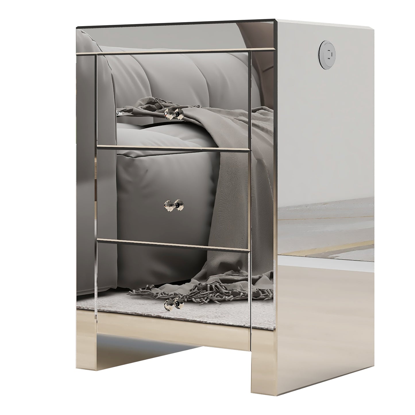 Silver Glass Nightstand with Wireless Charging and USB Ports Bedside Table for Living Room