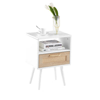 15.75 Inch Rattan End Table with Drawer Solid Wood Legs Modern Nightstand Side Table for Living Room Bedroom White