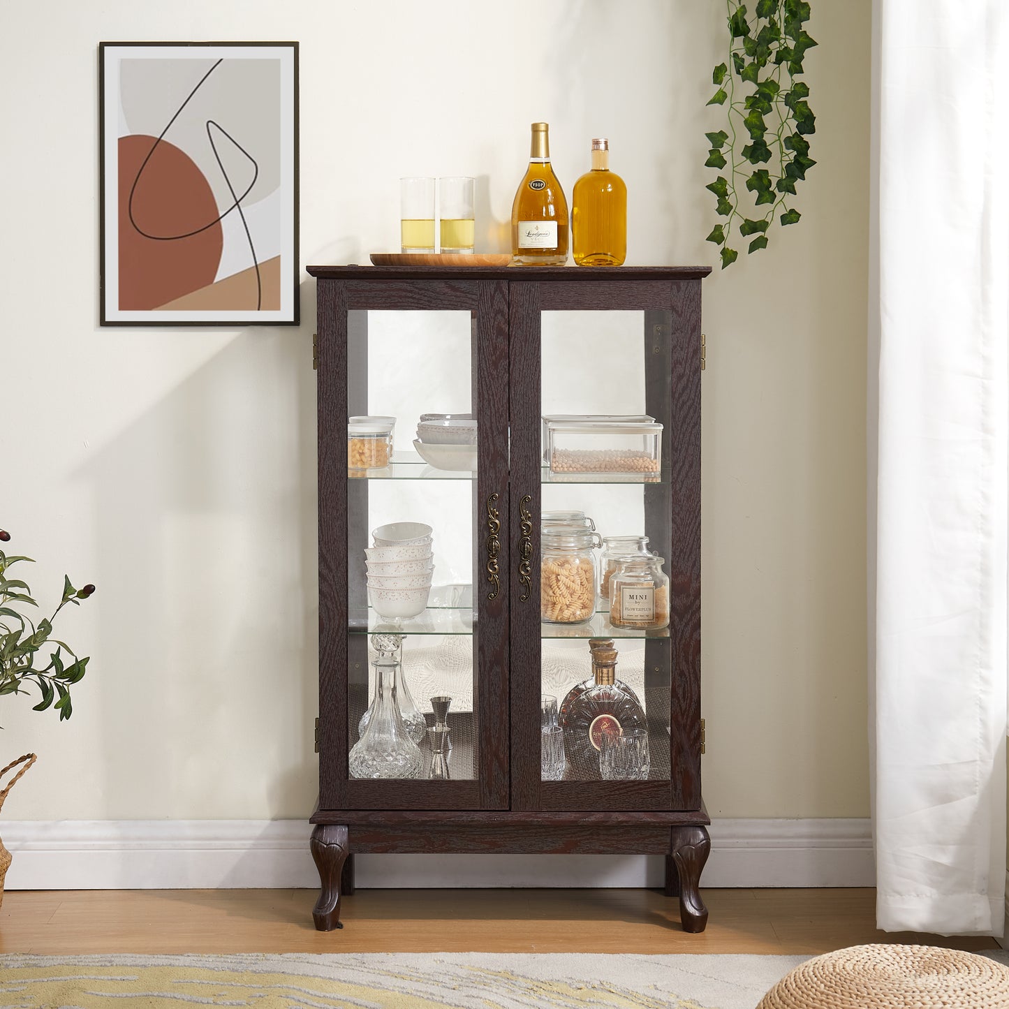 Elegant Cherry Curio Cabinet with Tempered Glass Doors Adjustable Shelves Mirrored Back and Lighted Display for Home Office