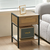 15.74 Inch Rattan End Table with Drawer Modern Nightstand Metal Legs Side Table for Living Room Bedroom Natural Finish